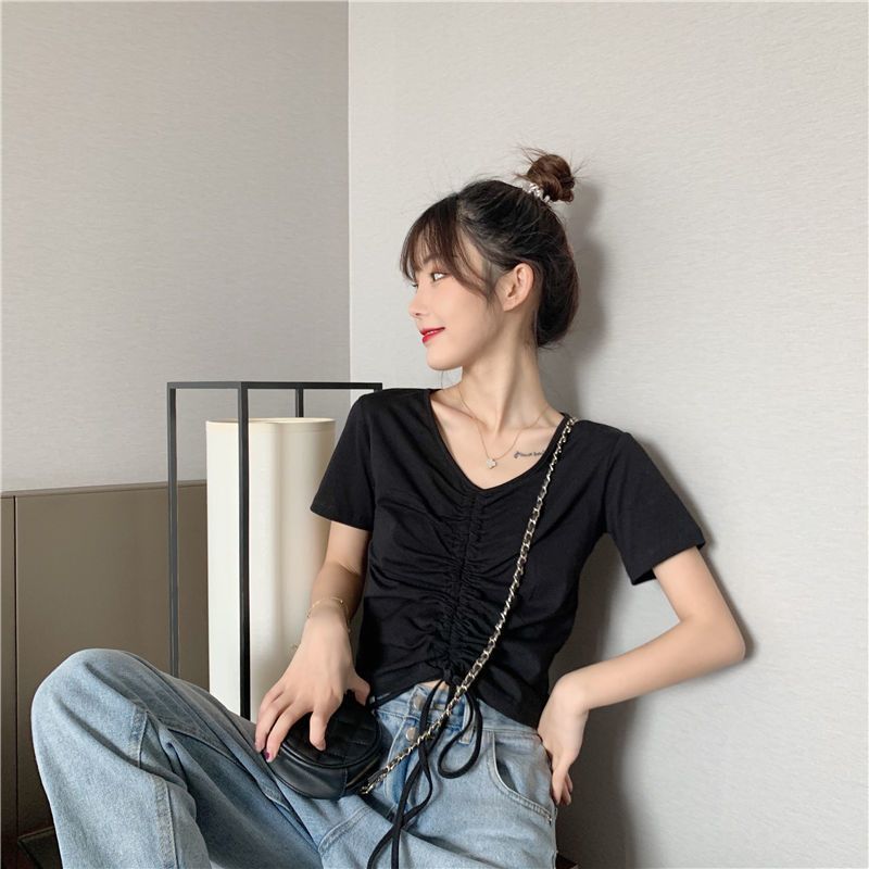 2021年夏季抽绳高腰露脐短袖T恤女装设计感心机紧身短款上衣ins潮