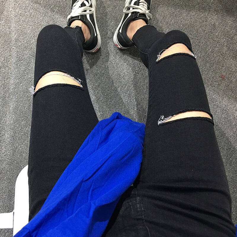 韩版秋装女装高腰显瘦开叉破洞牛仔裤九分裤长裤小脚休闲裤铅笔裤