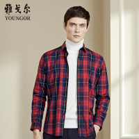 Youngor/雅戈尔男装商务正装棉弹面料 修身剪裁 时尚格纹绿色格纹衬衫052QFY