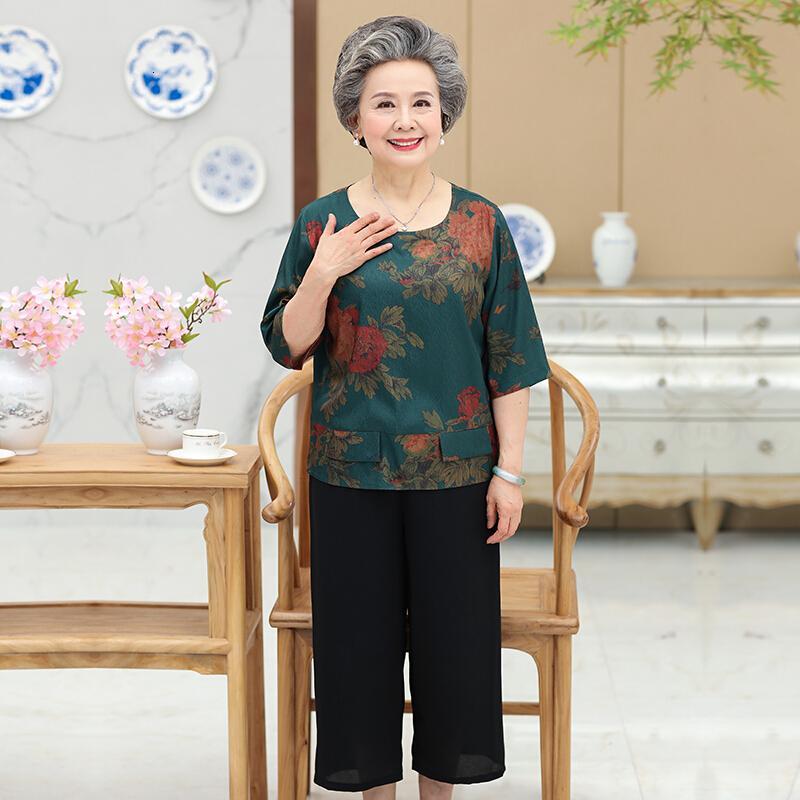 中老年女装夏装奶奶装短袖T恤套装60-70岁妈妈夏天时尚大码两件套FY-1811套装红色XL(建议80-100斤)
