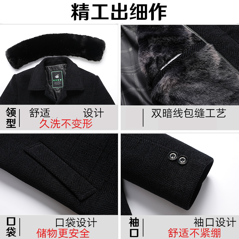 啄木鸟爸爸冬装呢子外套加绒加厚保暖冬季中老年人毛呢大衣男长毛高清大图
