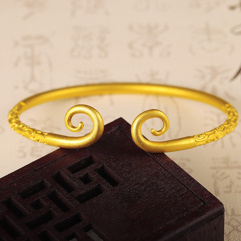 黄金码头 足金999古法金紧箍咒祥云符文条形手镯情人节生日送礼镯子