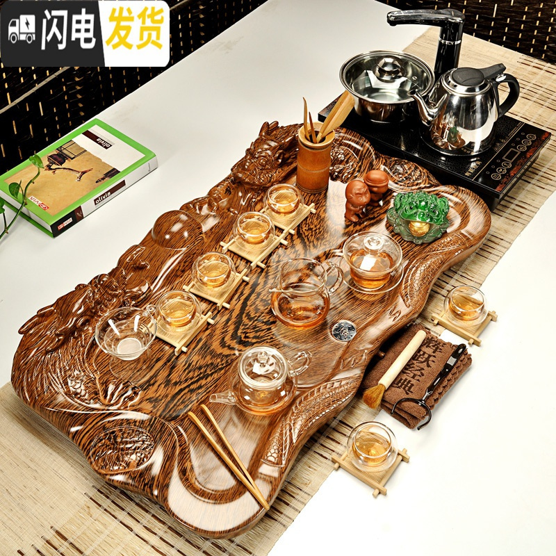 三维工匠茶具家用陶瓷茶具套装紫砂汝窑功夫茶具电磁炉科技木茶盘茶台 十二绿荷呈祥黑358 39件