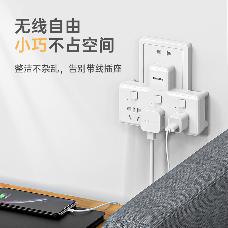 飞利浦(Philips)SPS2300C/93一转三分控开关三位无线转换器带保护门转接插头插座墙面转换器接线板白色