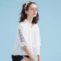 美特斯·邦威短袖衬衫女夏季新款甜美刺绣衬衣荷叶领ins打底衫