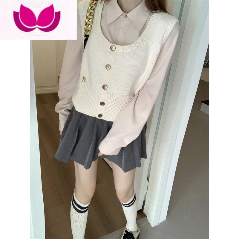 七斓法式少女粉长袖衬衫女秋季百搭甜美学院风上衣叠穿小背心套装 奶白马甲 S