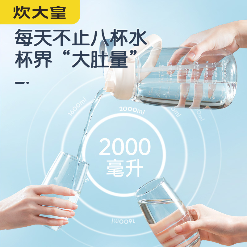 炊大皇吸管杯儿童学生大容量高颜值透明水杯背带便携大肚杯SY12A1