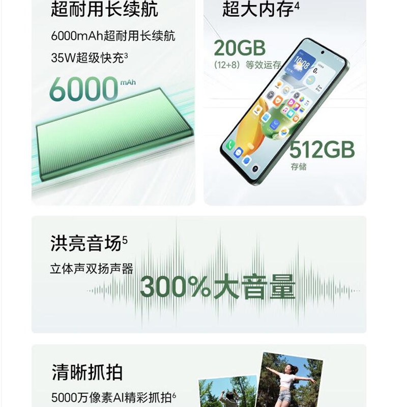 [全新]荣耀 畅玩60 Plus 仙踪绿 12GB+256GB 骁龙4八核5G芯 6000mAh大电池 35W快充 5000万影像 手机