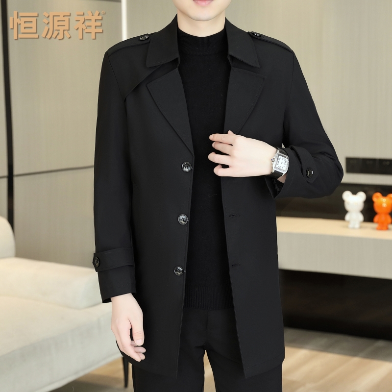 恒源祥中长款男士外套韩版潮流春秋季2024新款修身翻领单排扣风衣 黑色8908 4XL(建议180-195斤)