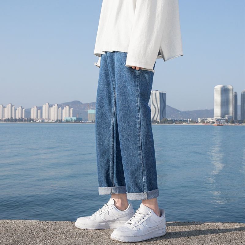 浅色牛仔裤男潮流夏季宽松薄款直筒九分裤港风青少年水洗中腰裤子 X14 黑色 M [建议95-110斤]