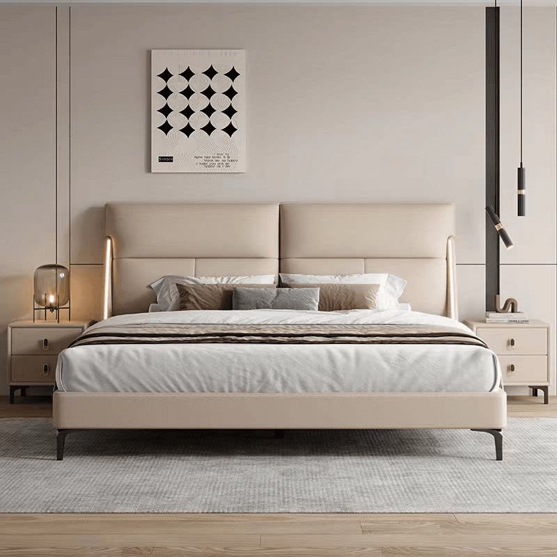 简臣意式橡胶木床全实木头层牛皮床主卧1.8米榫卯床板婚床双人床6242图片