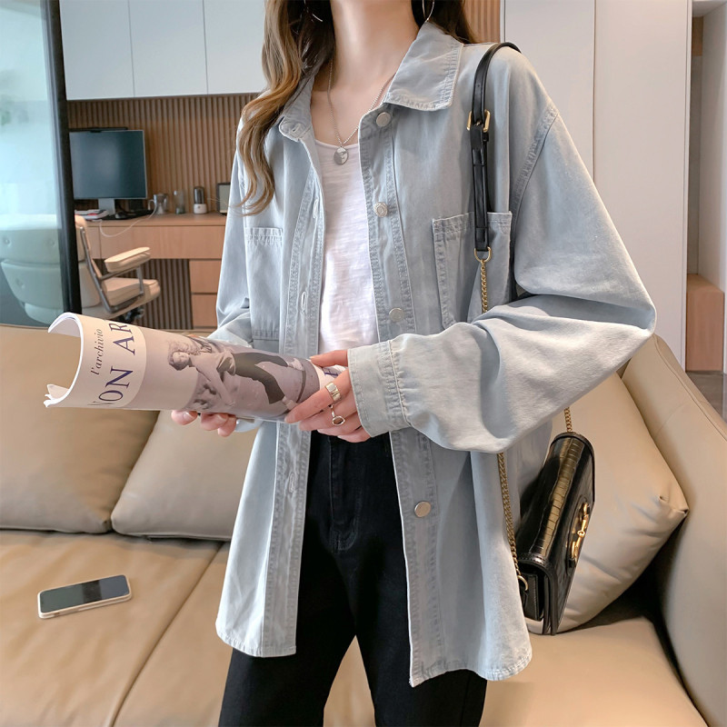 唐狮春夏款衬衫女牛仔做旧复古净色上衣外套韩版宽松百搭