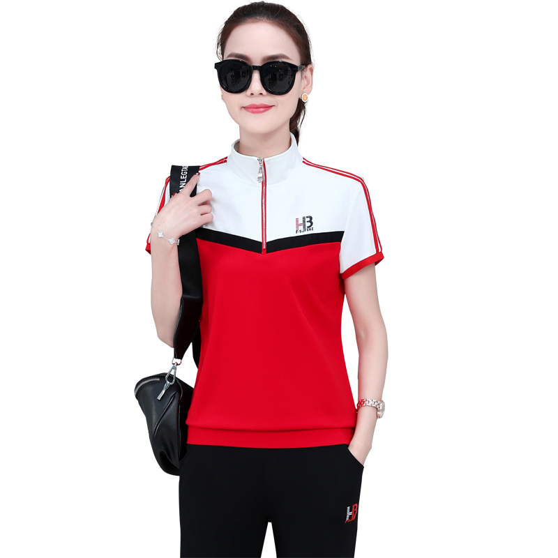 夏季运动服套装女2021新款时尚宽松洋气短袖立领休闲跑步服两件套