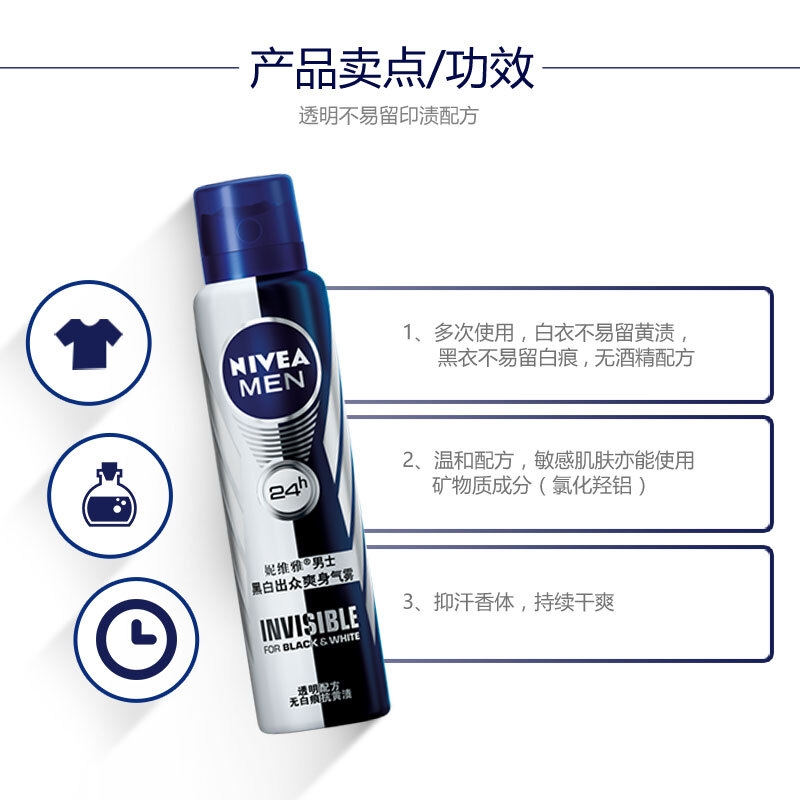 妮维雅NIVEA黑白出众爽身气雾 男士专用150ml高清大图