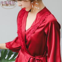 结婚睡衣新婚女秋 红色家居服套装 新娘蕾丝带冰丝绸情侣本命年