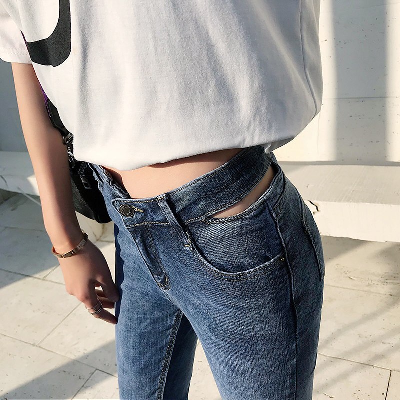 破洞牛仔裤女2018秋装新款韩版紧身显瘦高腰夏网红同款小脚九分裤2911蓝色
