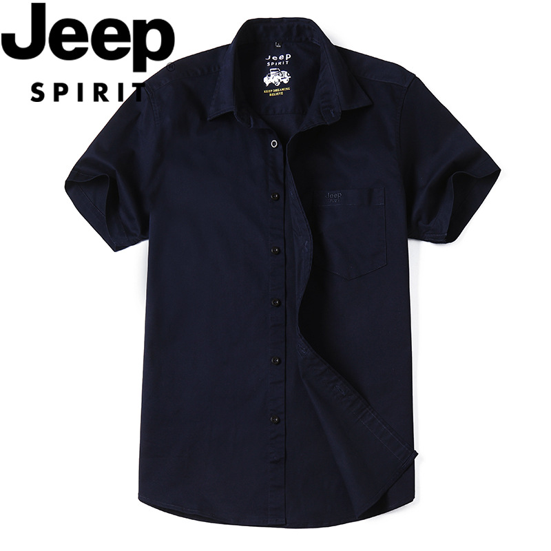 JEEP SPIRIT春夏深蓝色夏季宽松型开衫青年休闲短袖翻领衬衫 蓝 XL