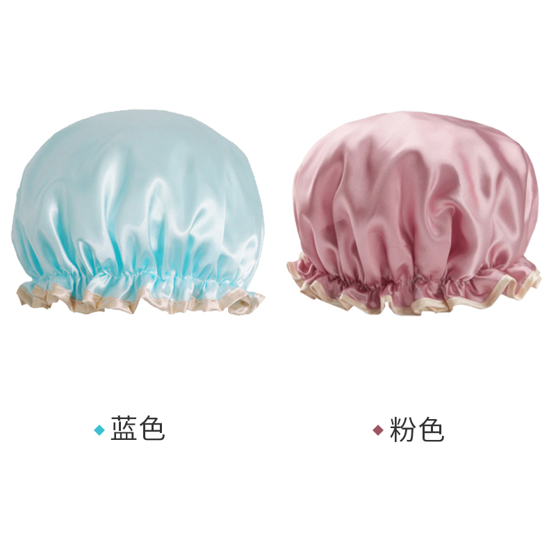网红沐浴帽女防水长发洗澡双层加厚儿童成人款家用厨房防油防烟潮 三维工匠 [2个装]蓝色+粉色高清大图