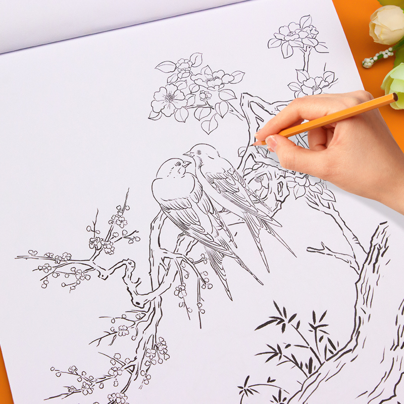 单本[山水篇] [正版]儿童中国画白描入门描摹本全6册 古风国画白描底稿临摹画册国风人物花卉山水书法控笔白描线稿本成人初高清大图