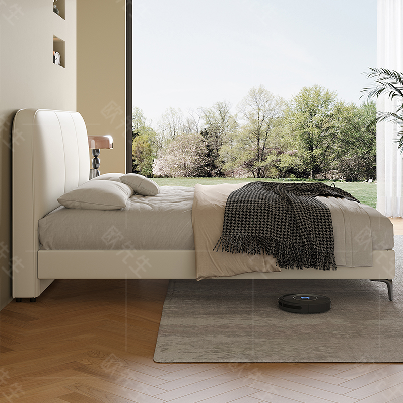 极窄系列头层牛皮床主卧次卧双人大床实木真皮极简婚床高清大图