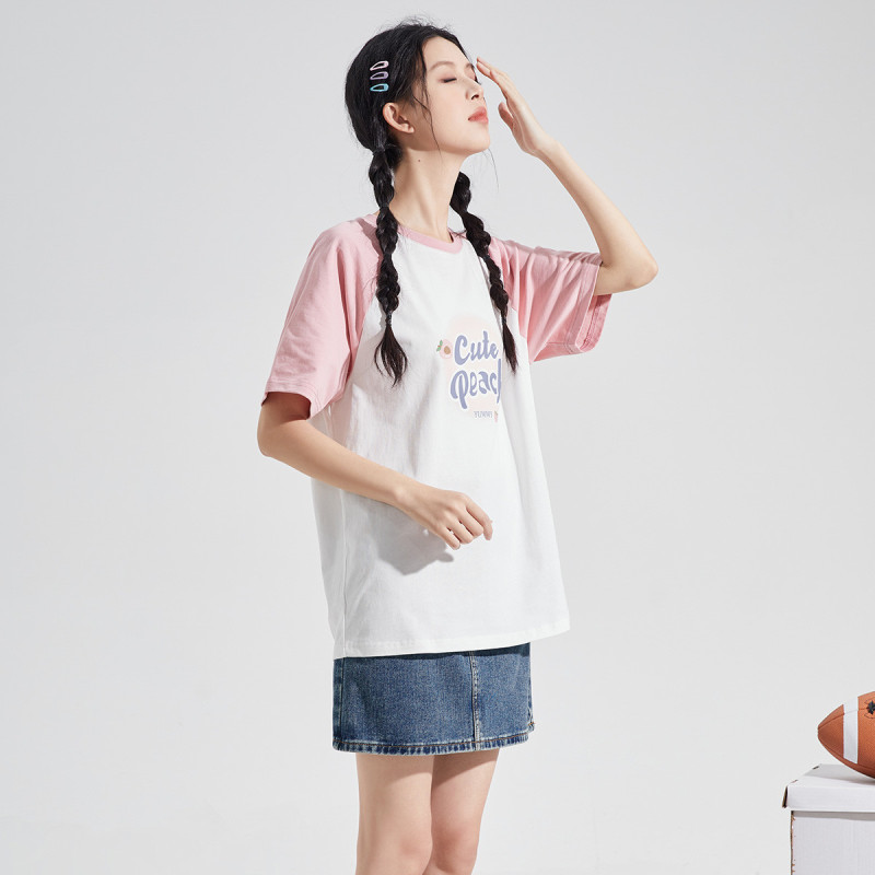 [2.5折价48元]唐狮夏季女前胸文字水果图案插肩袖圆领短袖T恤减龄学院风潮