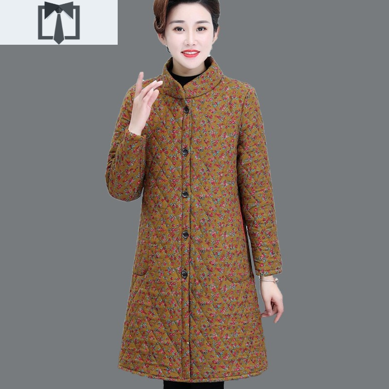 suntek中老年女装秋冬夹棉风衣外套中长款40岁50妈妈轻薄棉服棉麻花