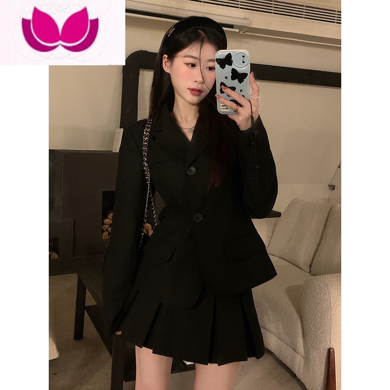 七斓周壹 苏黎少女 早春收腰不对称小西装+裙裤套装女春款 黑色半身裙 S