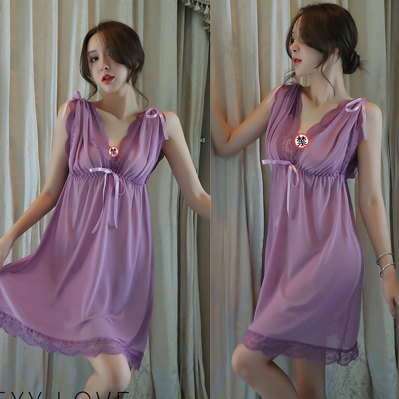 女式情趣睡衣透明网纱蕾丝深V吊带睡裙欧美大码连衣裙女士透视情趣内衣丁字内裤性感套装三点式诱惑破洞开档露乳长夜漫漫成人用品 紫色连衣裙+内裤 大码90-160斤