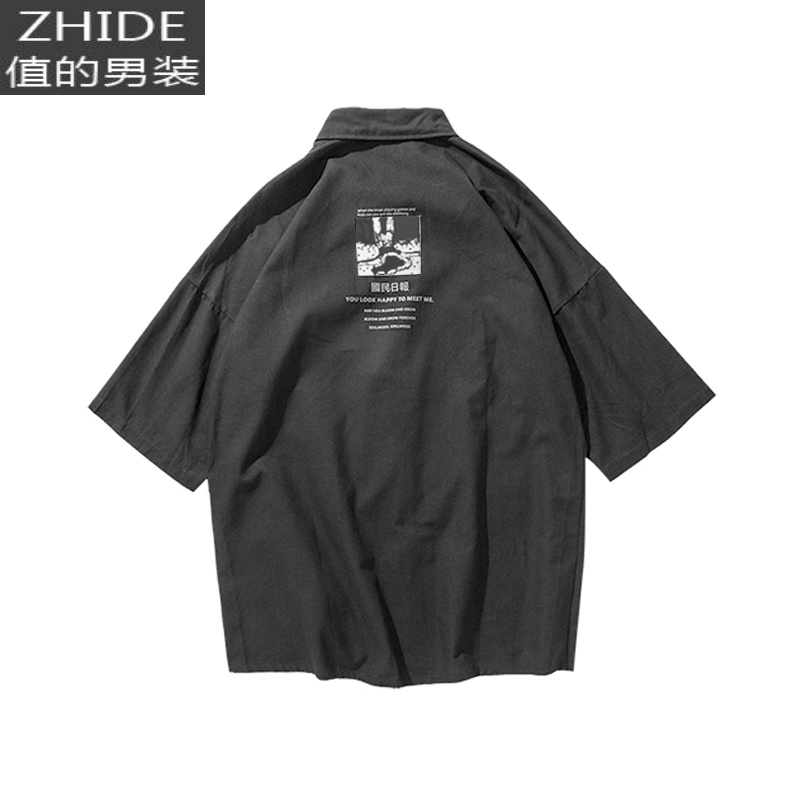 SUNTEK夏季复古工装风印花短袖衬衫男士潮流半袖宽松中袖衬衣衬衫高清大图