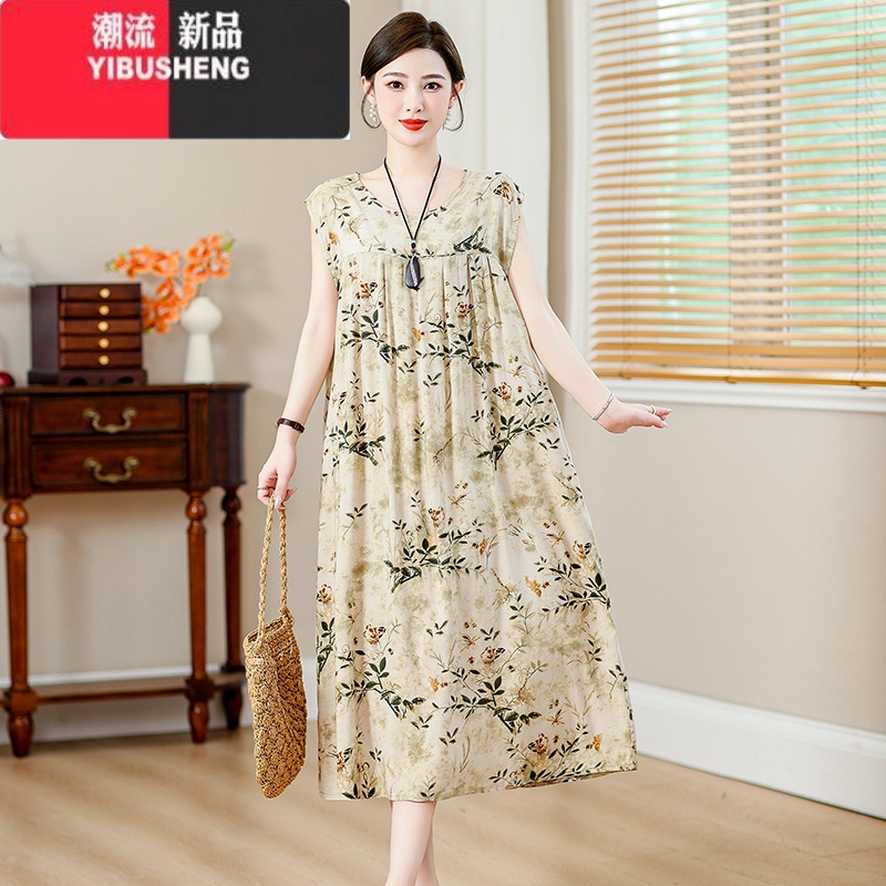 YIBUSHENG中老年棉绸连衣裙女高端加肥加大码女装2024新款妈妈大摆长裙子高清大图
