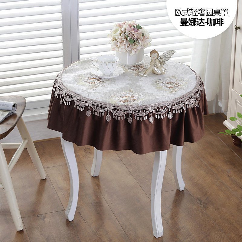 蕾丝桌布布艺防滑长方形格子欧式雪尼尔茶几圆桌方餐桌盖布巾定制_4_796 直径40cm 曼娜达-咖啡