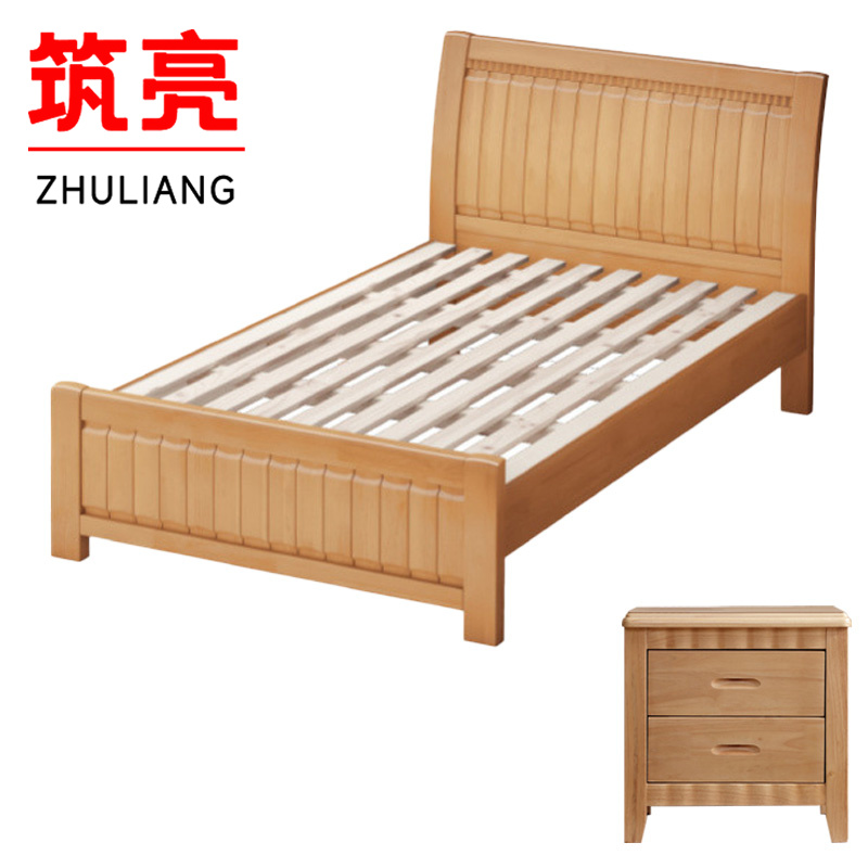 筑亮 实木床 1.2m榉木色+床头柜 套高清大图