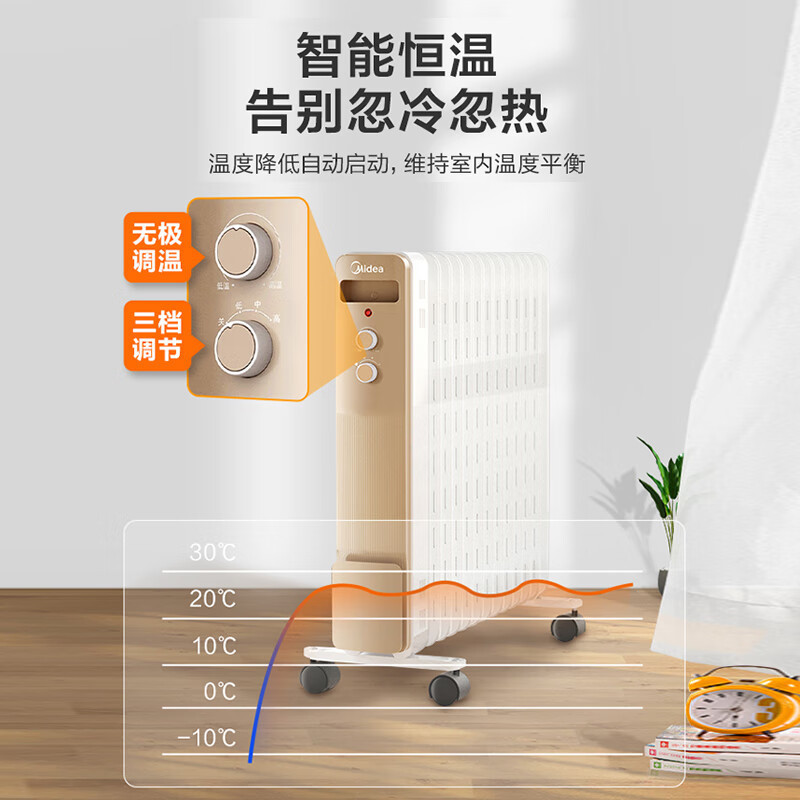 美的油汀立式取暖器家用电暖器13片恒温油丁电暖气片卧室客厅大面积2200W全屋节能省电烘衣加湿防烫NY2213-18GW高清大图