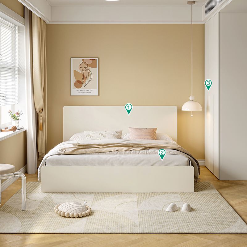 温馨奶油风卧室双人床加高衣柜组合套装高清大图