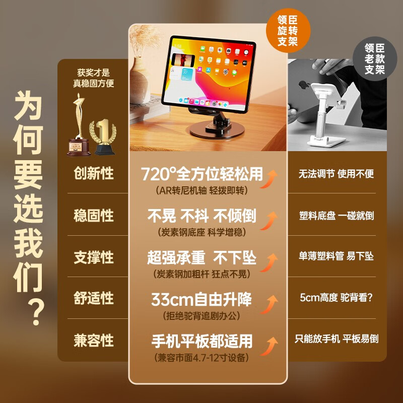 领臣 手机平板旋转支架-黑色 K39B手机支架平板支架桌面可旋转折叠款高清大图