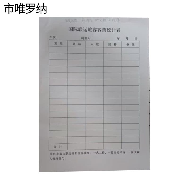 市唯罗纳国际联运旅客客票统计表265*190mm本图片