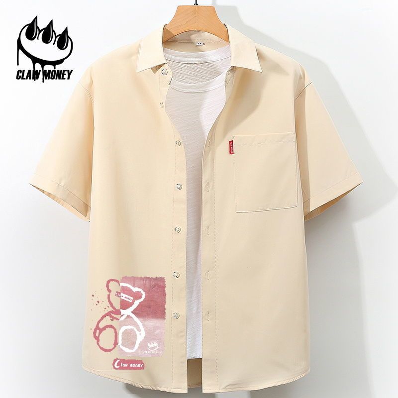 Claw money薄款短袖衬衫男女五分袖夏季潮流冰丝情侣装衬衣外套男
