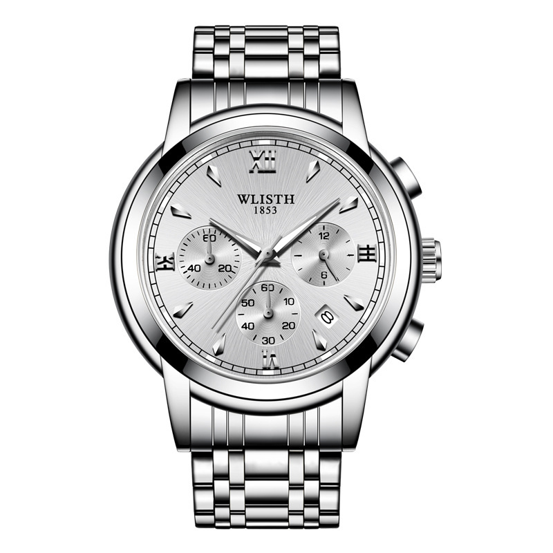 沃力仕男士手表钢带手表男商务腕表 防水多功能手表日历男表高清大图