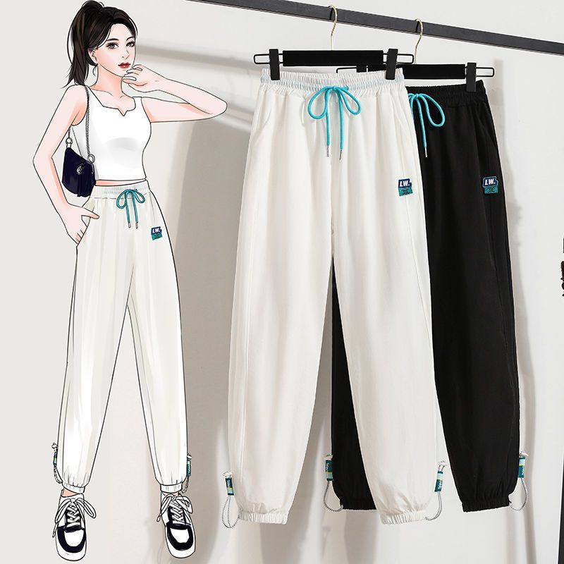 pass白色运动裤女夏薄款宽松束脚高腰休闲阔腿灯笼速干卫裤ins潮