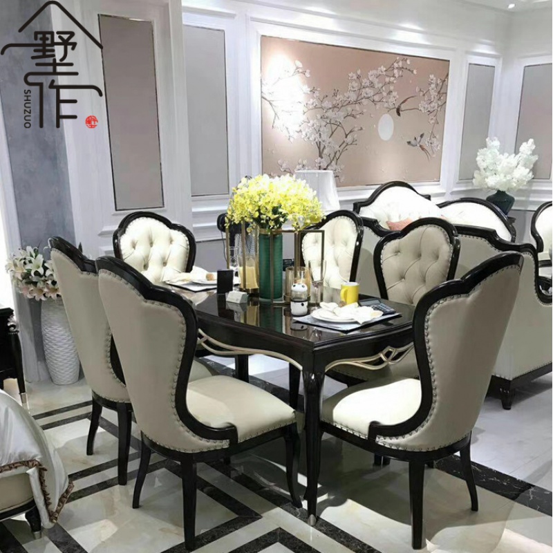 欧式餐桌椅组合饭桌简欧实木法式别墅家用6人长方形餐厅家具 餐桌一桌六椅支架结构