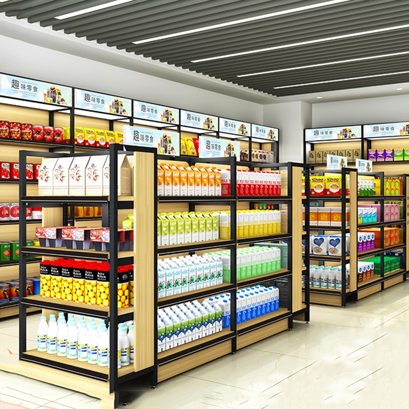 古达定制物美便利店货架超市展示架食品母婴店单双面木质零食中岛展柜
