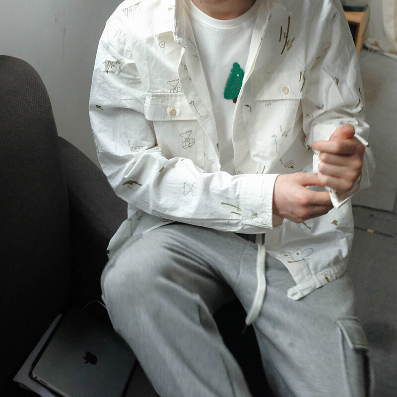 |有点儿写意满印衬衫夏季日系方领个性印花长袖白衬衫男白色