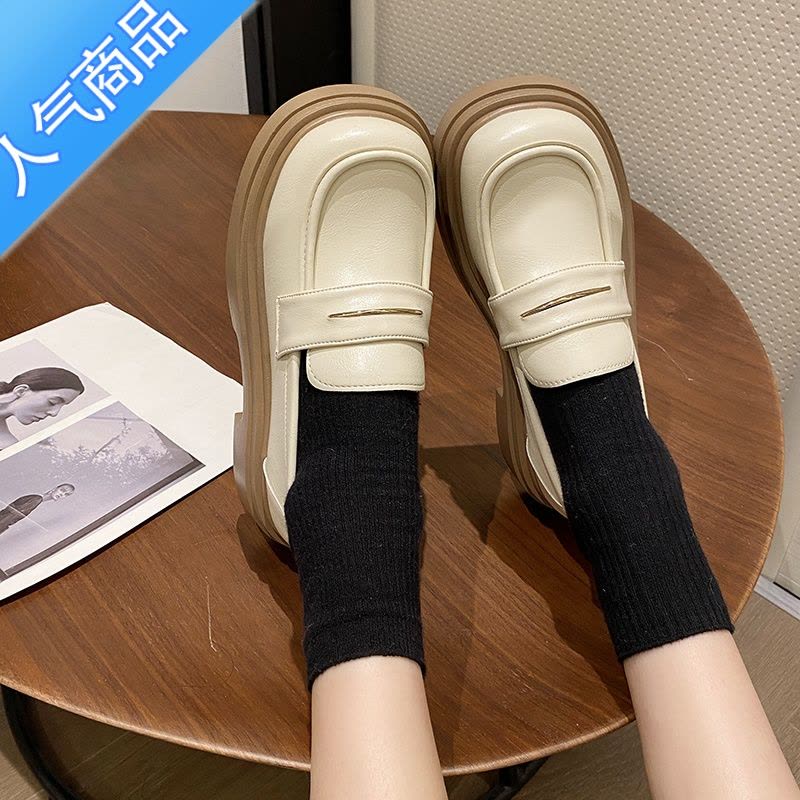 SUNTEK复古百搭圆头厚底小皮鞋女2023新款春秋英伦风白色乐福鞋图片