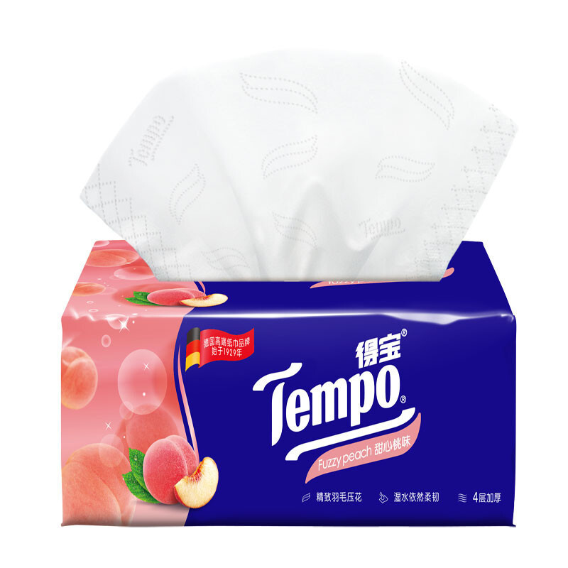 得宝(Tempo) -抽纸甜心桃味4层加厚90抽湿水柔韧卫生纸整箱T2358-A 16包高清大图