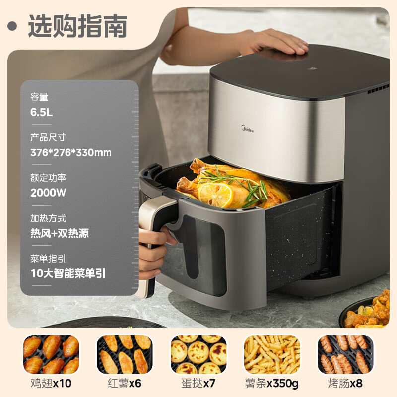 美的(Midea) 空气炸锅6.5L大容量可视窗口免翻面电煎炸锅炸鸡翅多功能煎烤智能电炸锅薯条机空气烤箱KZC6502高清大图
