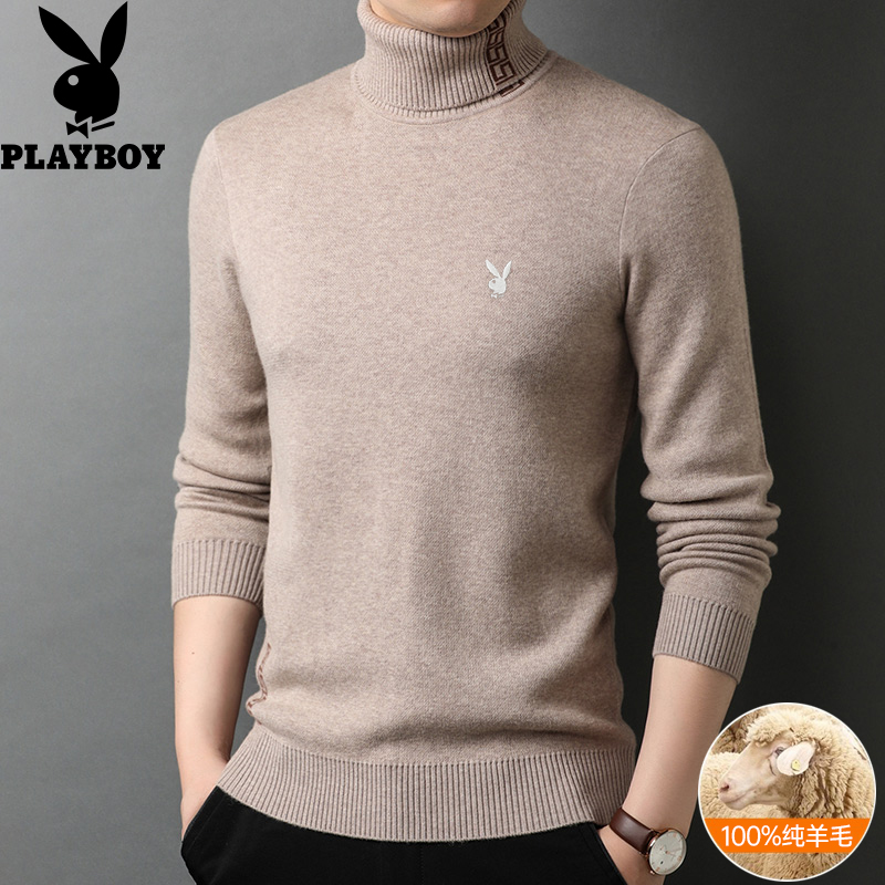 花花公子2024冬季新款纯羊毛衫男高领加厚保暖毛衣针织打底衫高清大图
