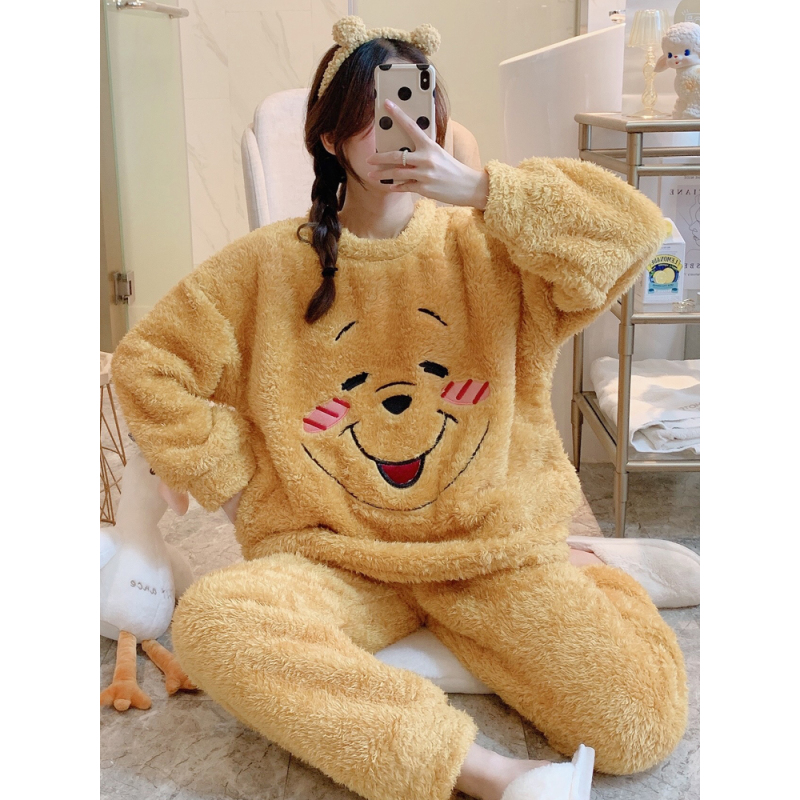 可莉允睡衣女秋冬可爱小熊珊瑚绒大码胖MM200斤加厚加绒冬季家居服套装睡衣