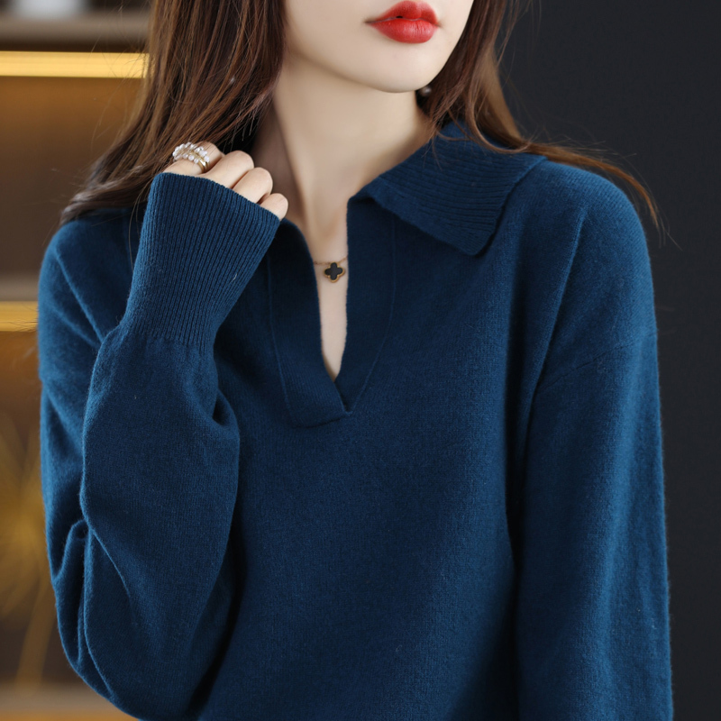 雪米贝奴翻领100%羊毛衫女秋冬新款韩版长袖时尚毛衣宽松羊绒针织衫