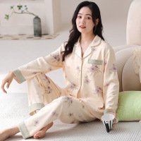 春秋季新款长袖开衫家居服棉质睡衣女款休闲宽松翻领两件套可外穿 女XL E8902
