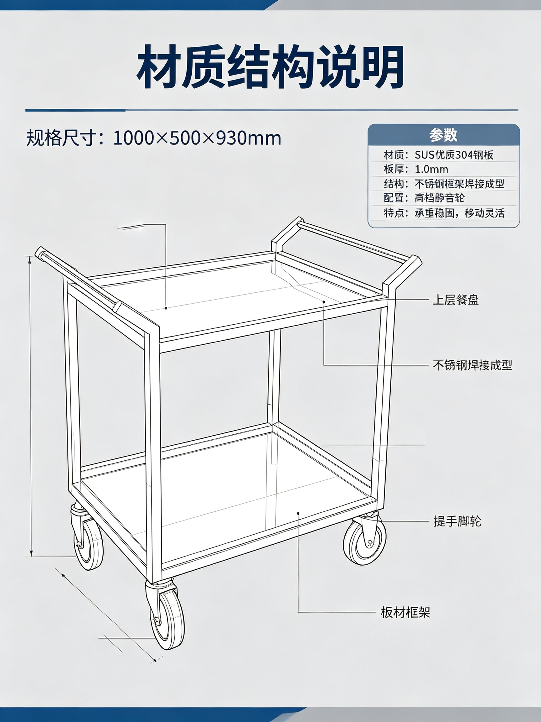 优迈克 YMK-TCC500 双层餐车 1000*500*930 单位:台 银色高清大图